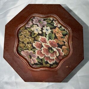 Vintage Octagon Wood Jewelry Box | Floral Needlepoint Lid & Mirror